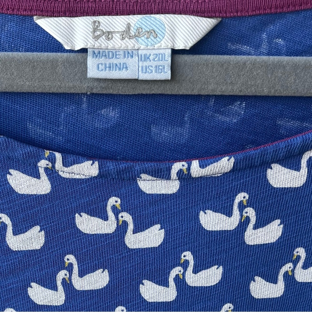 Boden Phoebe Blue Jersey Midi Dress Swan Print 100% Cotton Size US 16 Long - Picture 3 of 11